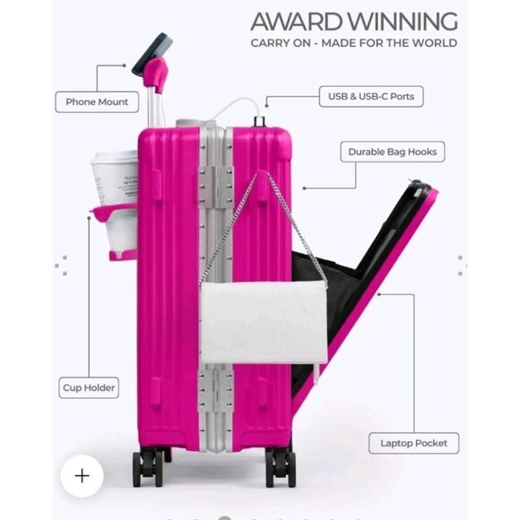 NOBL Travel Classic Carry-On Spinner 22” Ziperless Polycarbonate TSA Lock Pink - Picture 13 of 14